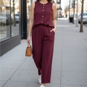 NWT Deep Wine 2-Piece Set | High-Waist Wide Leg & Button Vest - Size M